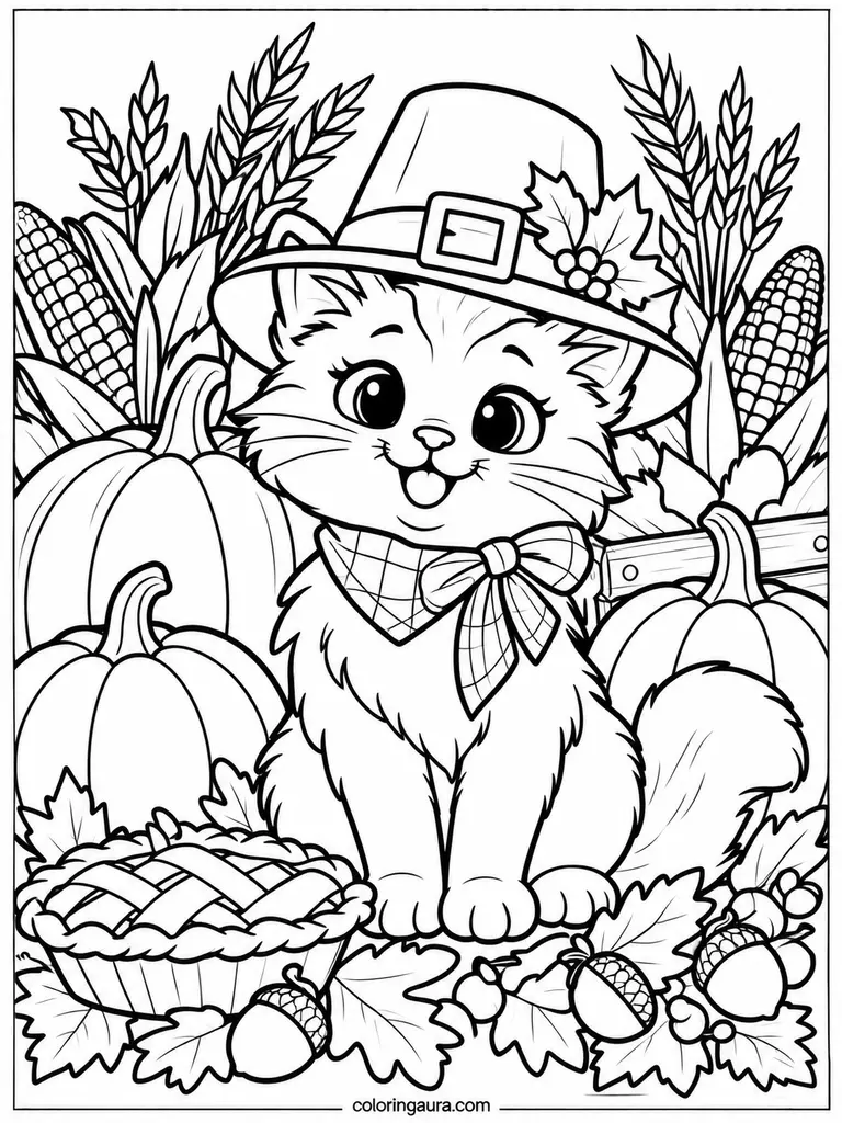 Thanksgiving Cat With Pilgrim Hat Coloring Page