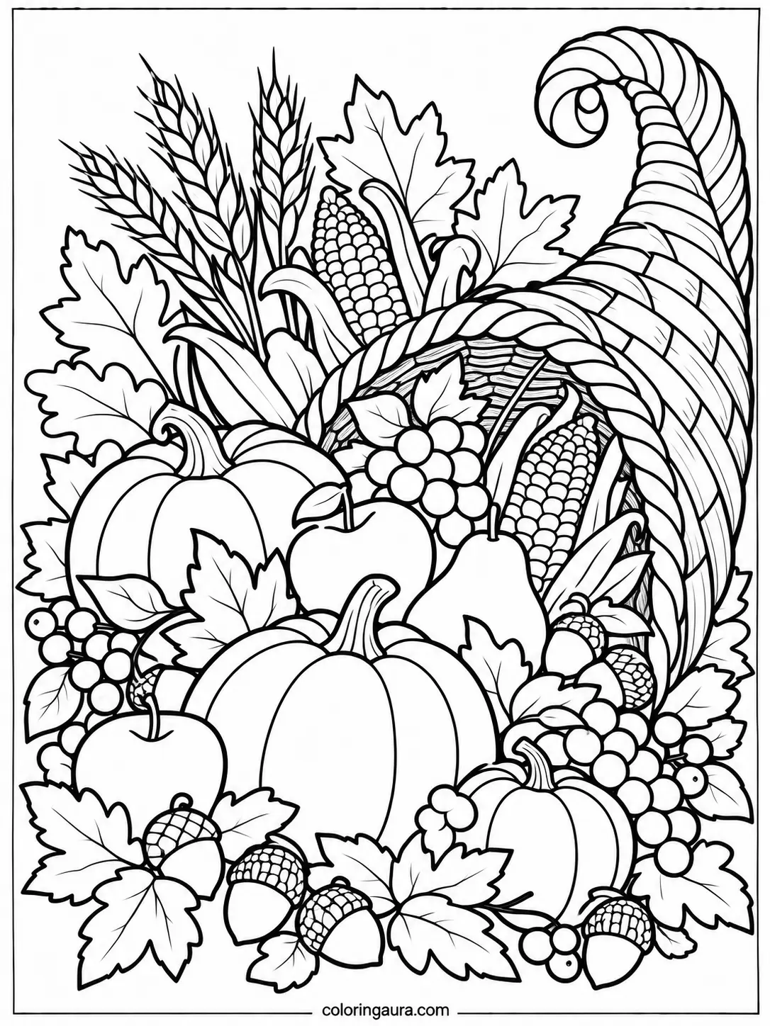 Thanksgiving Cornucopia Fruits Coloring Page