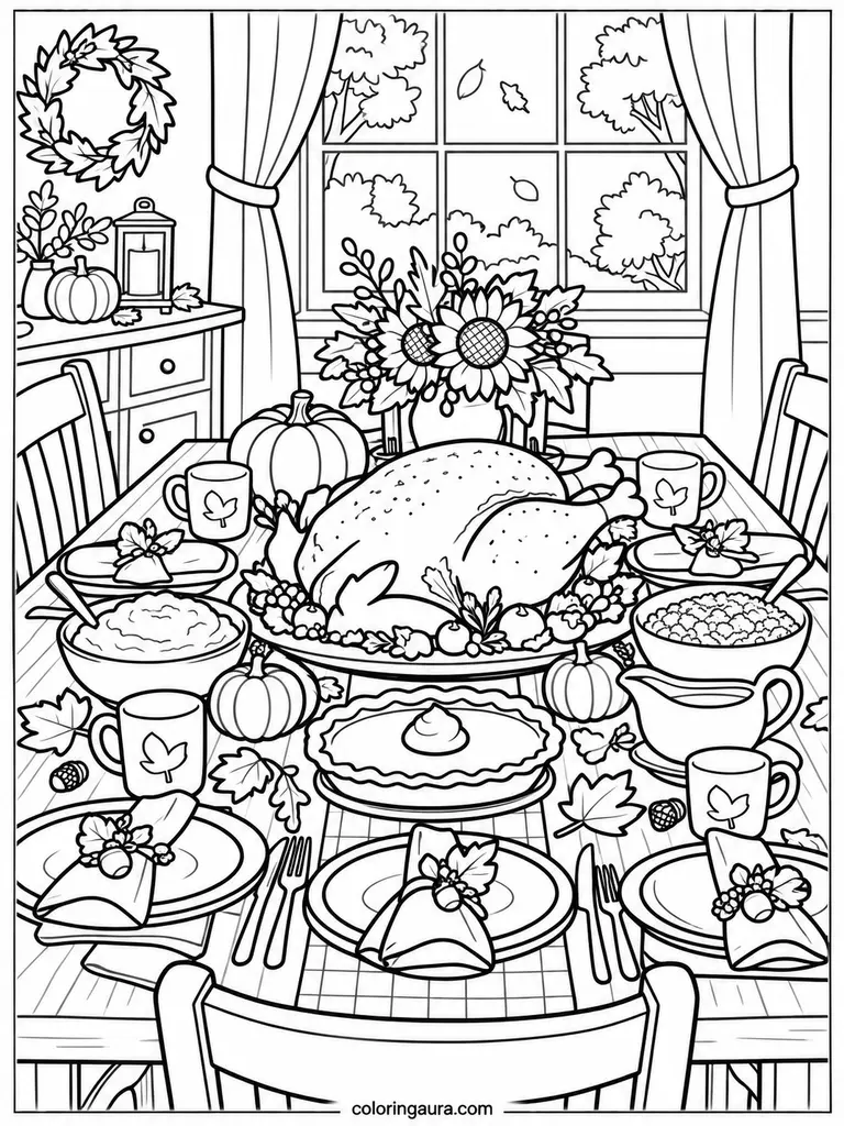 A cozy family Thanksgiving table is filled with a turkey, pumpkins, pies, plates, and seasonal decorations.