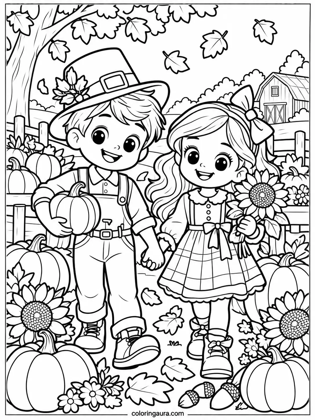 Thanksgiving Friends Pumpkin Patch Coloring Page