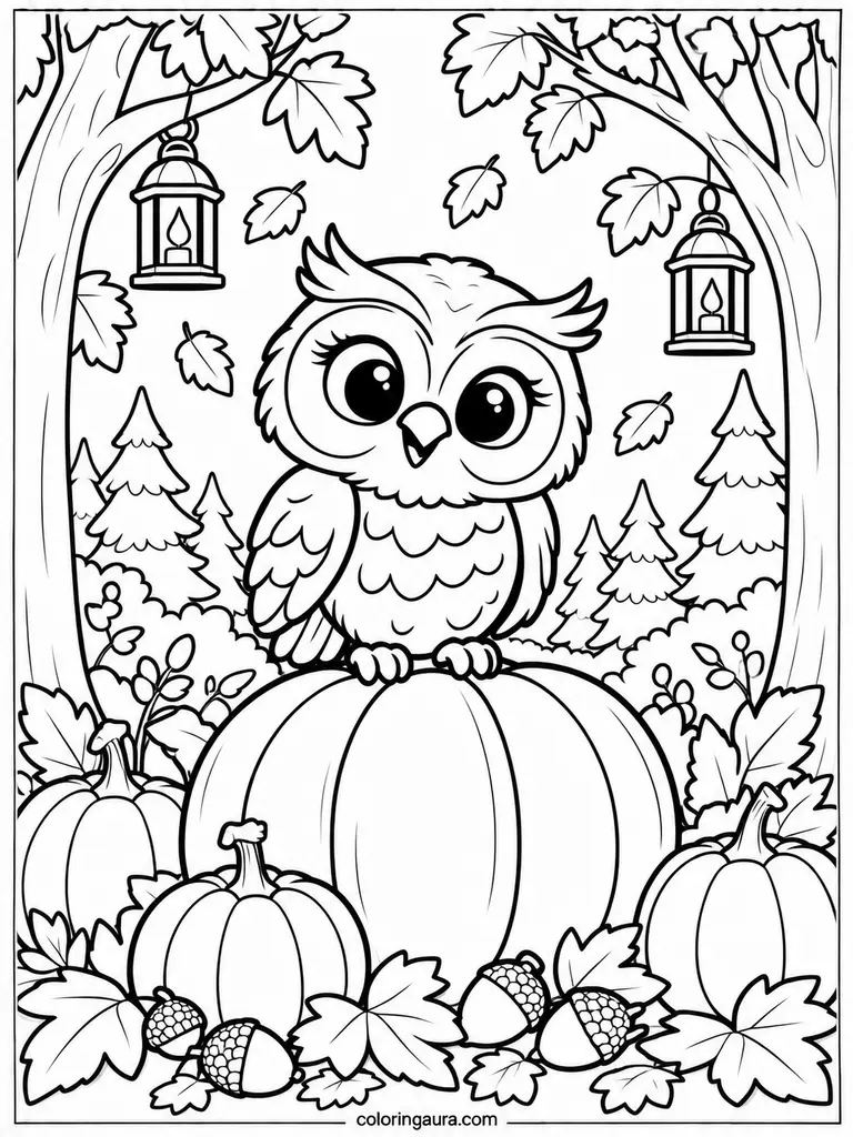 Thanksgiving Owl in Autumn Forest Coloring Page