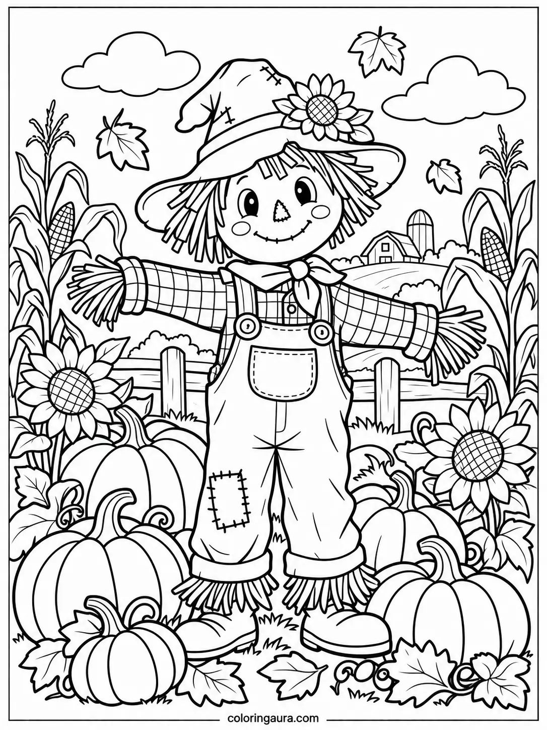 Thanksgiving Scarecrow With Pumpkins Coloring Page