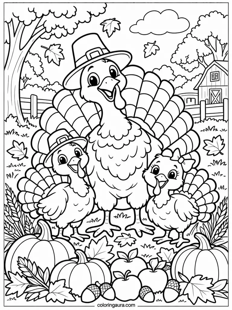 Thanksgiving Turkey Family Coloring Page
