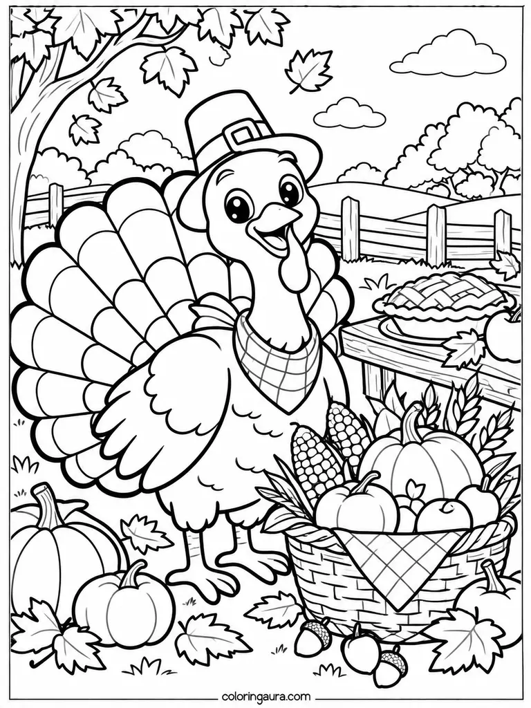 Thanksgiving Turkey Pie and Harvest Basket Coloring Page