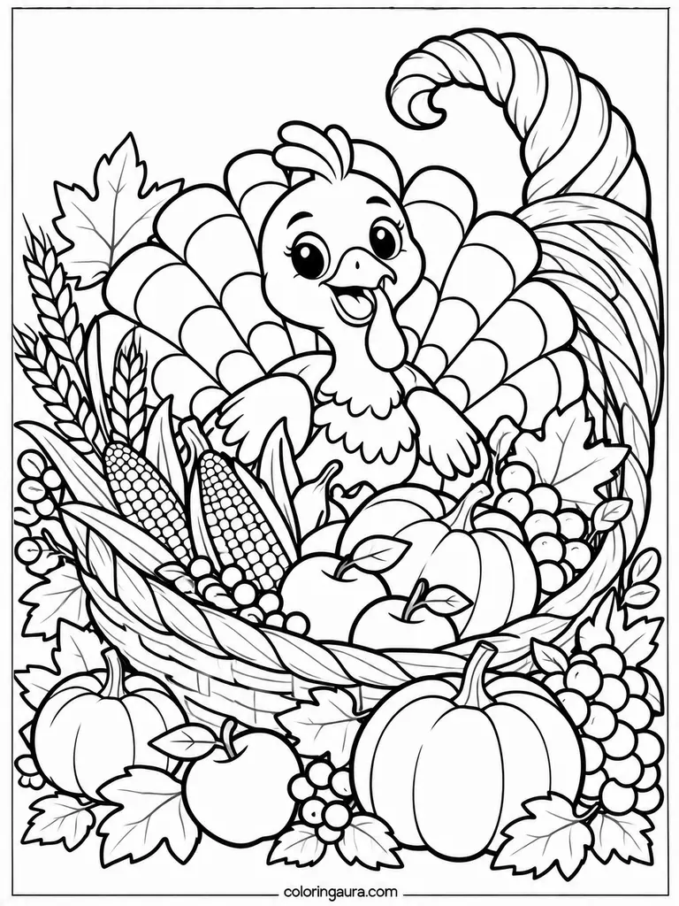 Thanksgiving Turkey in Cornucopia Coloring Page