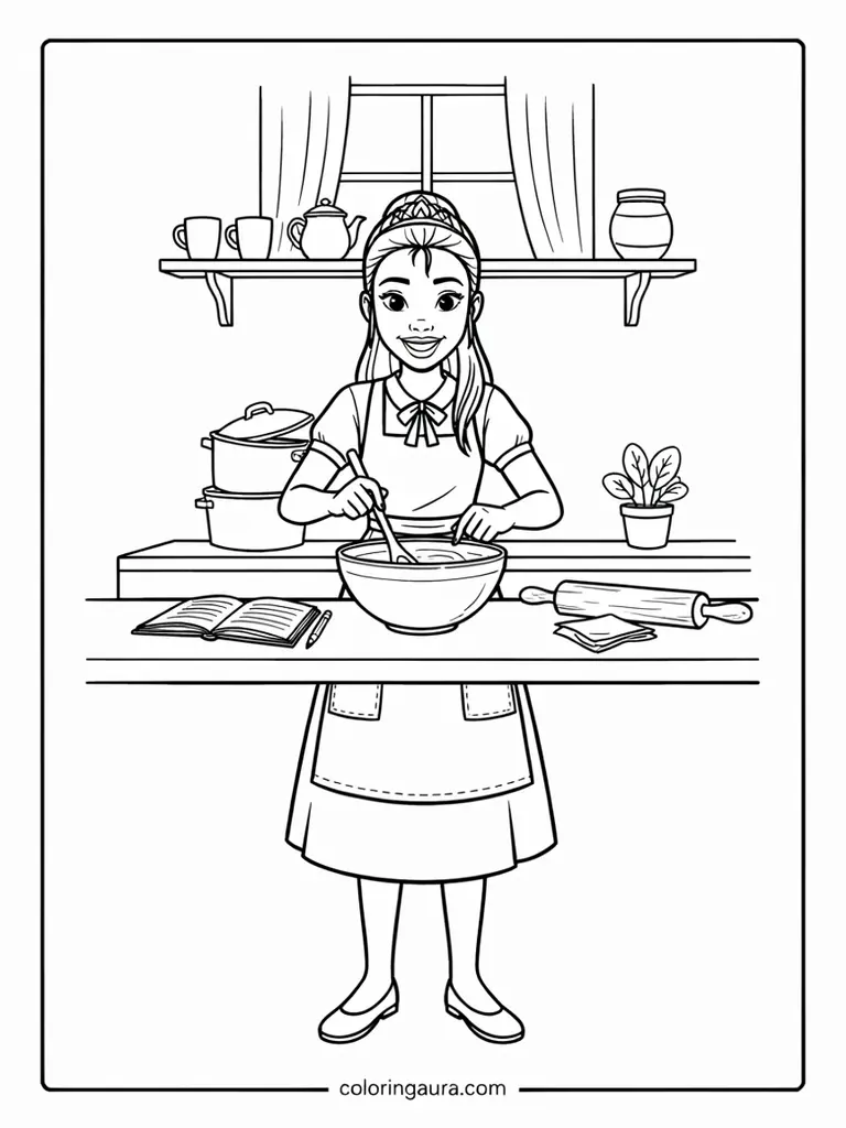 Tiana Cooking Kitchen Coloring Page
