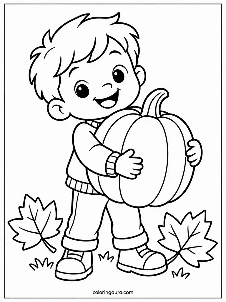 Toddler Holding Pumpkin Coloring Page
