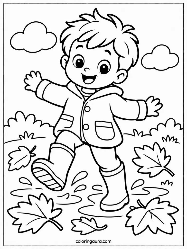 Toddler in Rain Boots Fall Coloring Page