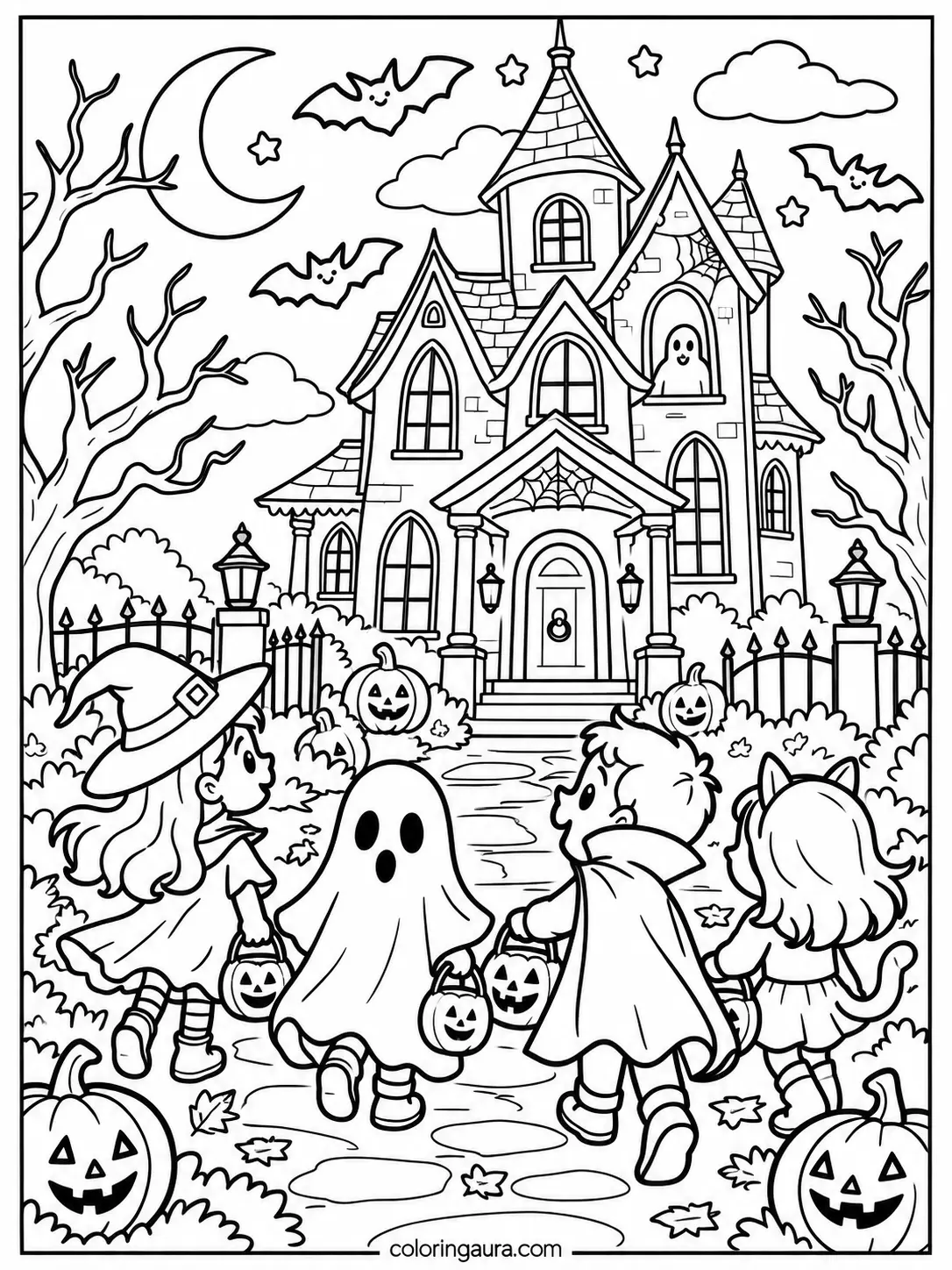 Trick-or-Treat Haunted House Coloring Page