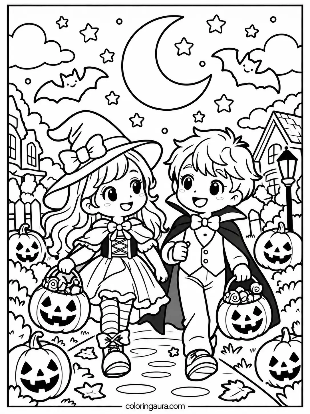 Trick-or-Treat Under the Moon Coloring Page