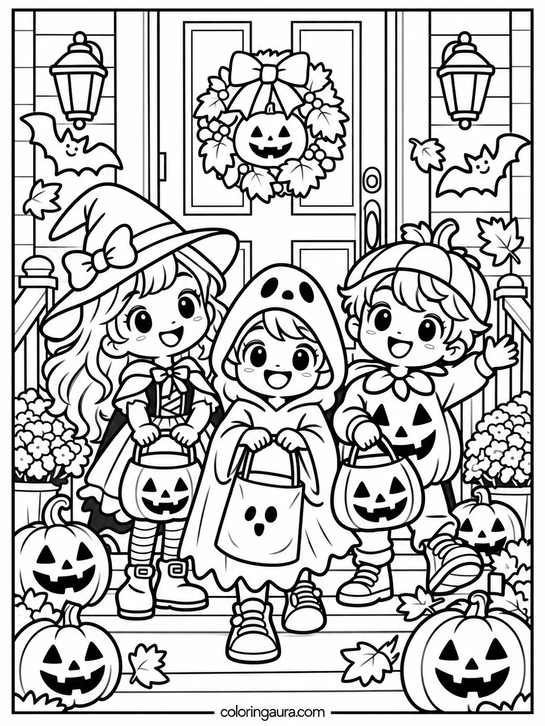 Trick-or-Treaters on Porch Coloring Page