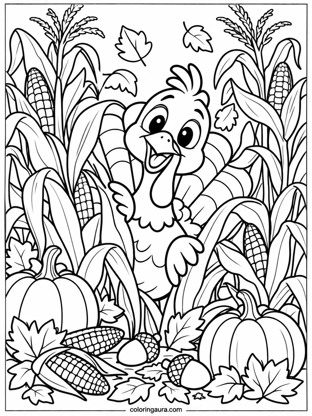 Turkey Peeking From Corn Coloring Page