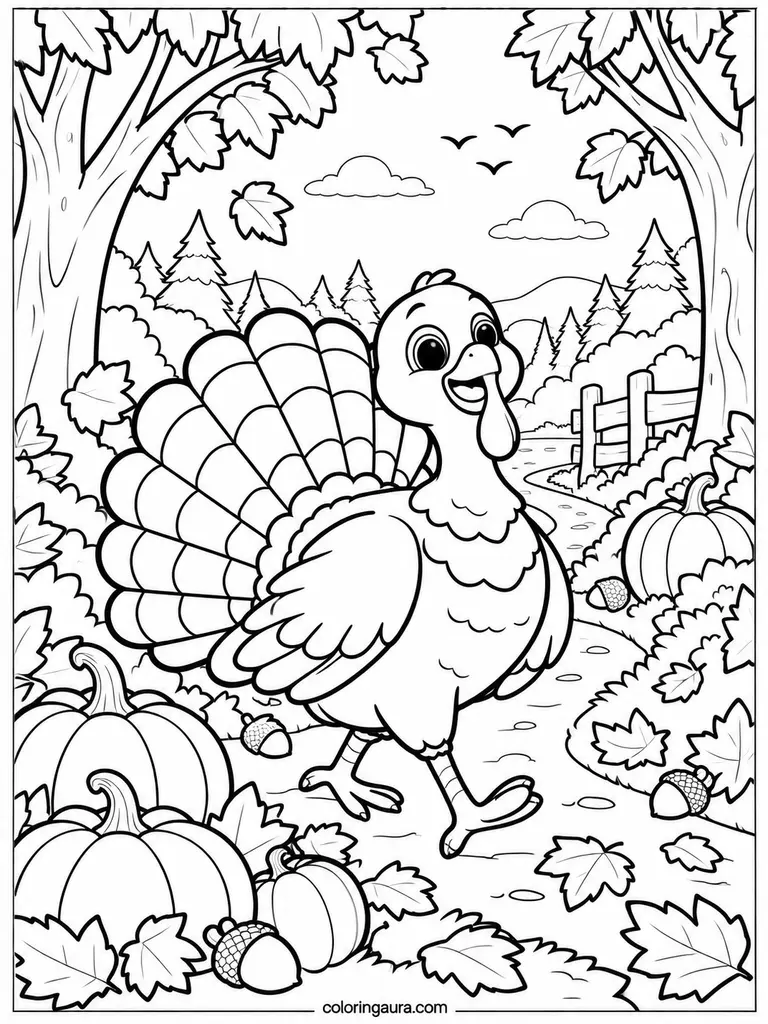 Turkey Walking Through Autumn Woods Coloring Page