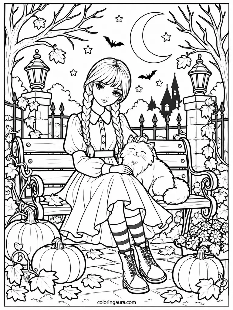 Wednesday Cat Halloween Coloring Page