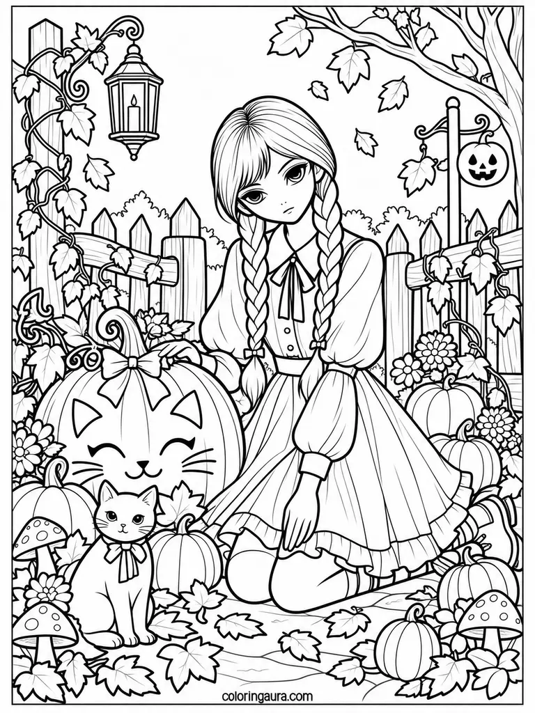 Wednesday Cat Pumpkin Coloring Page
