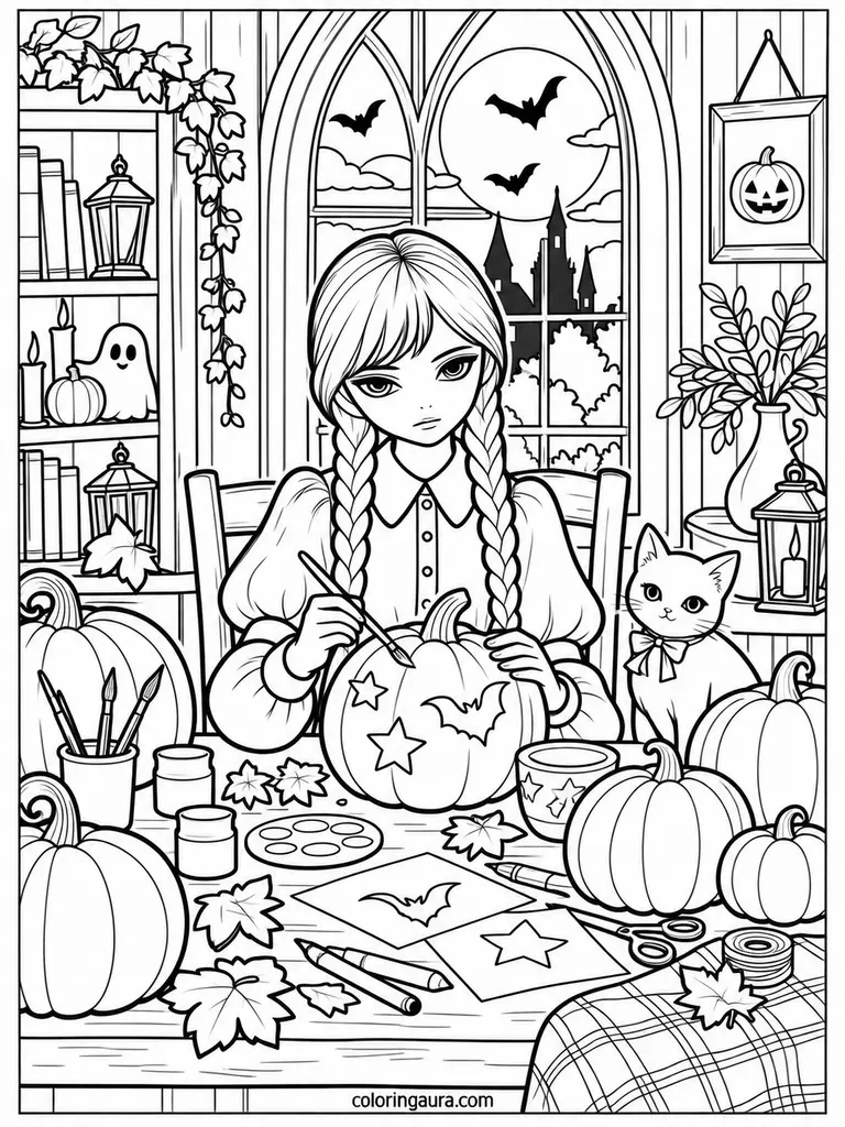 Wednesday Decorating Pumpkin Coloring Page