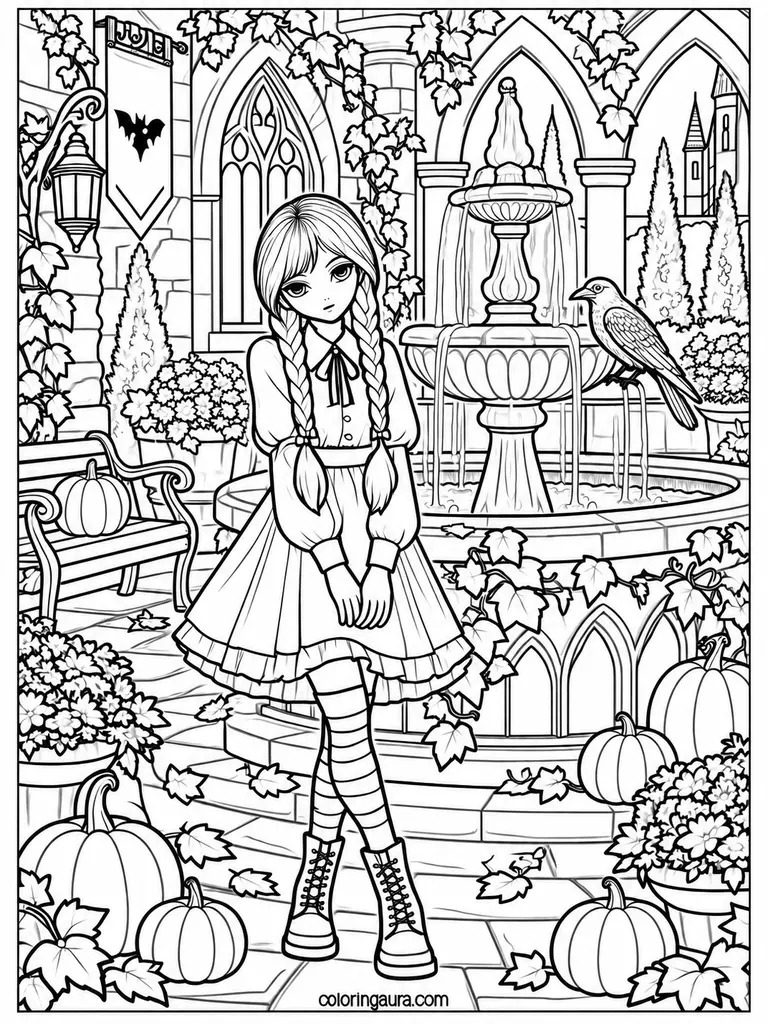Wednesday Gothic Fountain Coloring Page