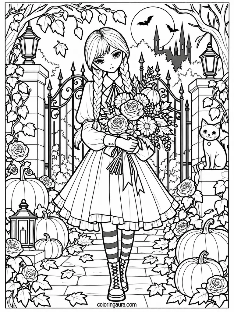 Wednesday Halloween Flowers Coloring Page