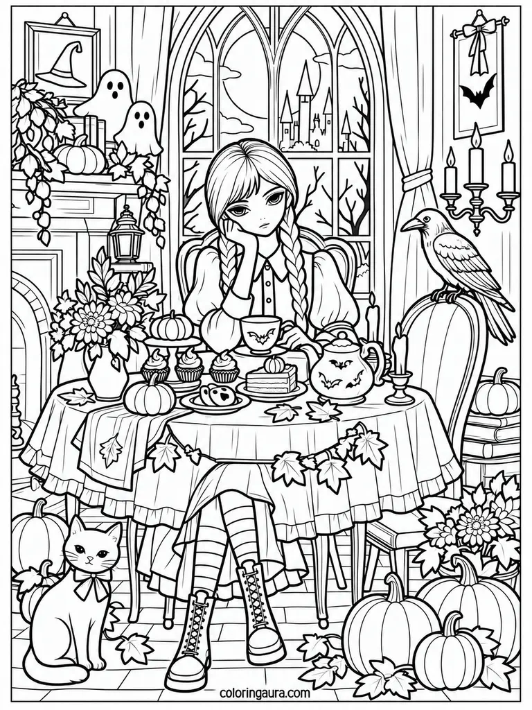 Wednesday Halloween Tea Party Coloring Page