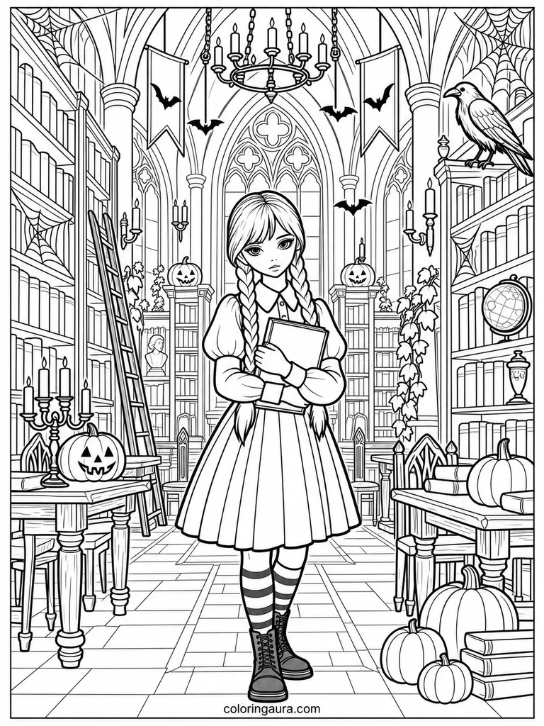 Wednesday Haunted Library Coloring Page