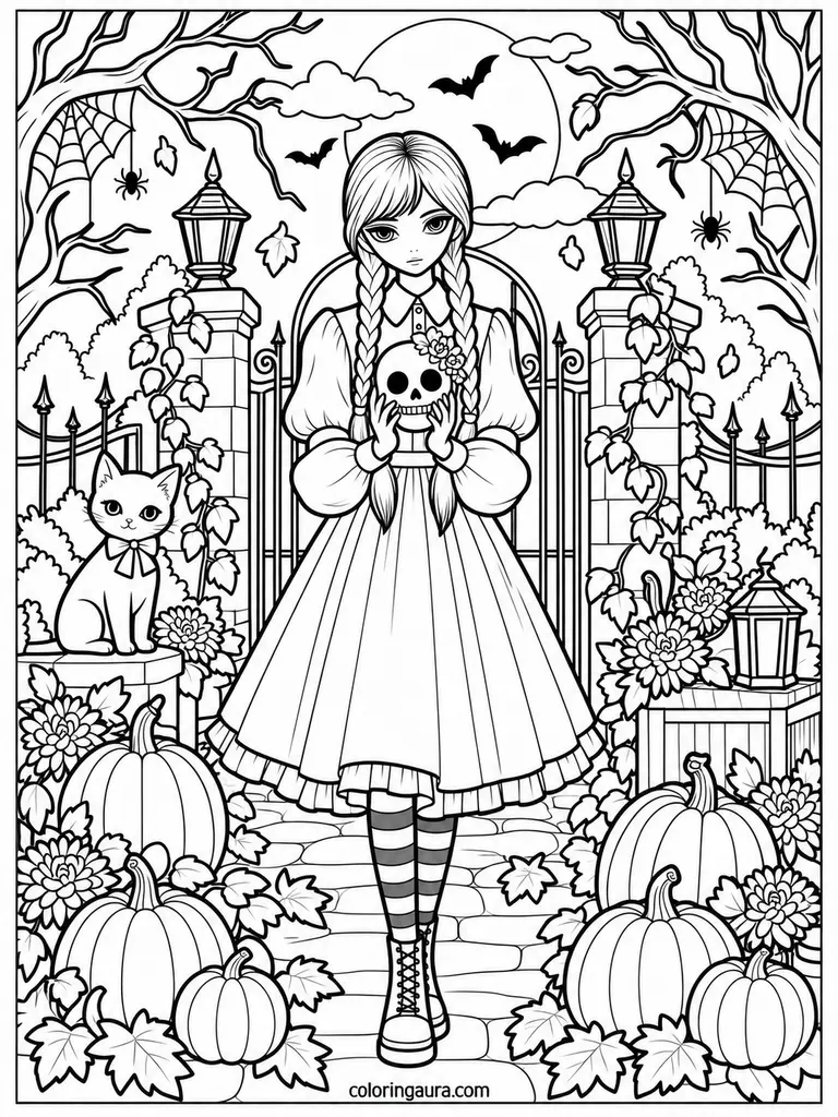 Wednesday Skull Halloween Coloring Page