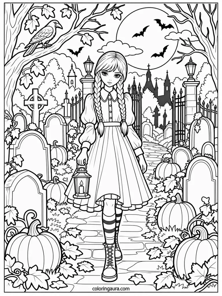 Wednesday Spooky Cemetery Coloring Page