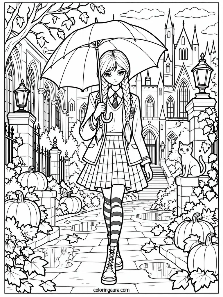 Wednesday Umbrella Halloween Coloring Page