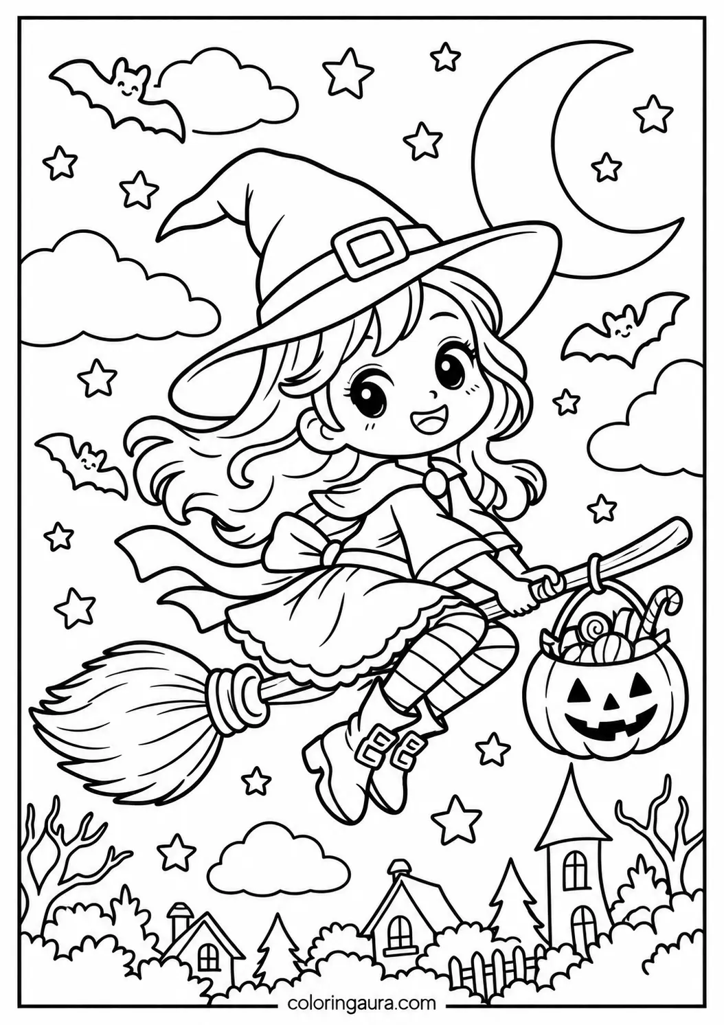 Witch Flying on Broom Halloween Coloring Page