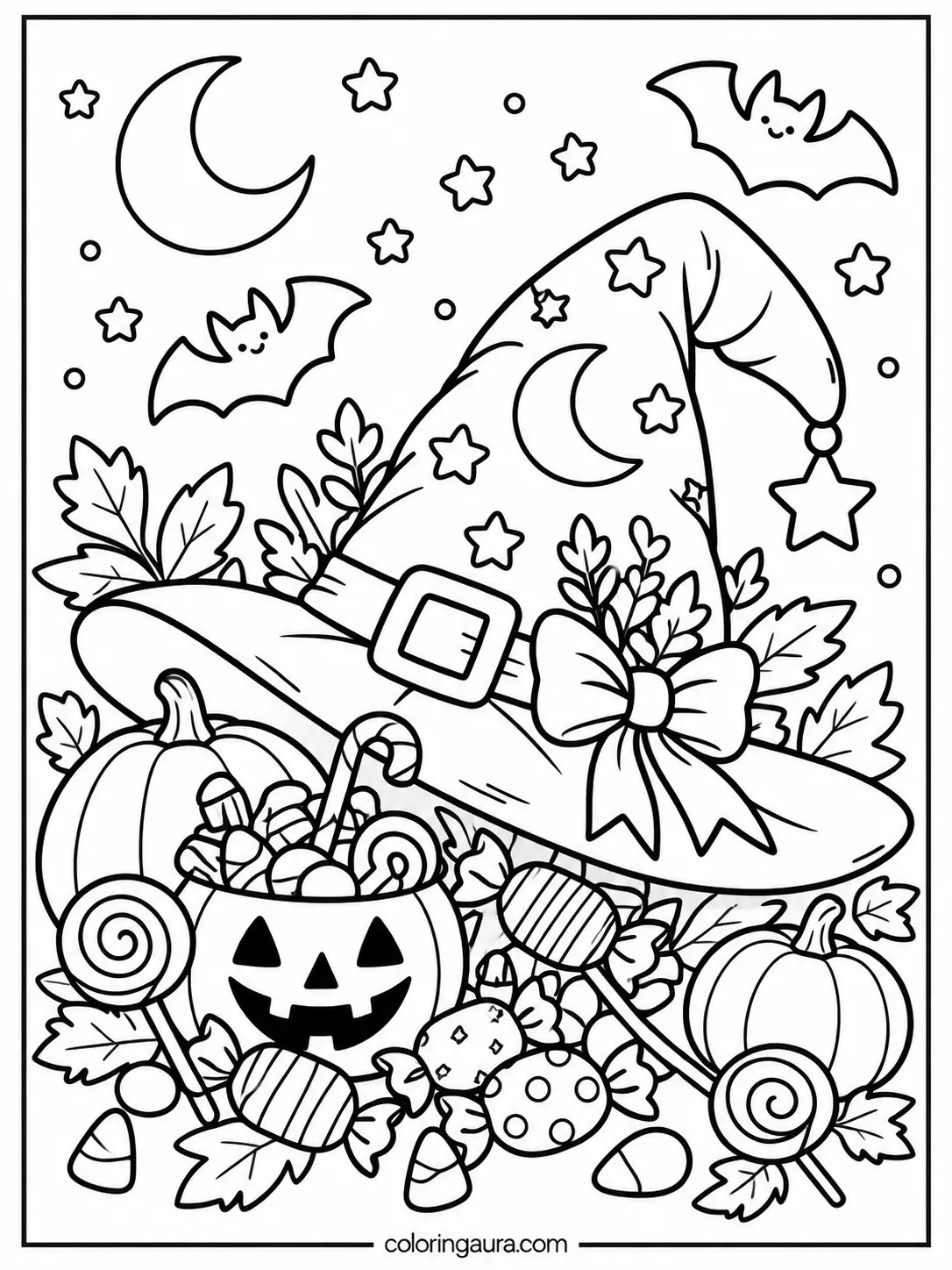 Witch Hat and Halloween Candy Coloring Page