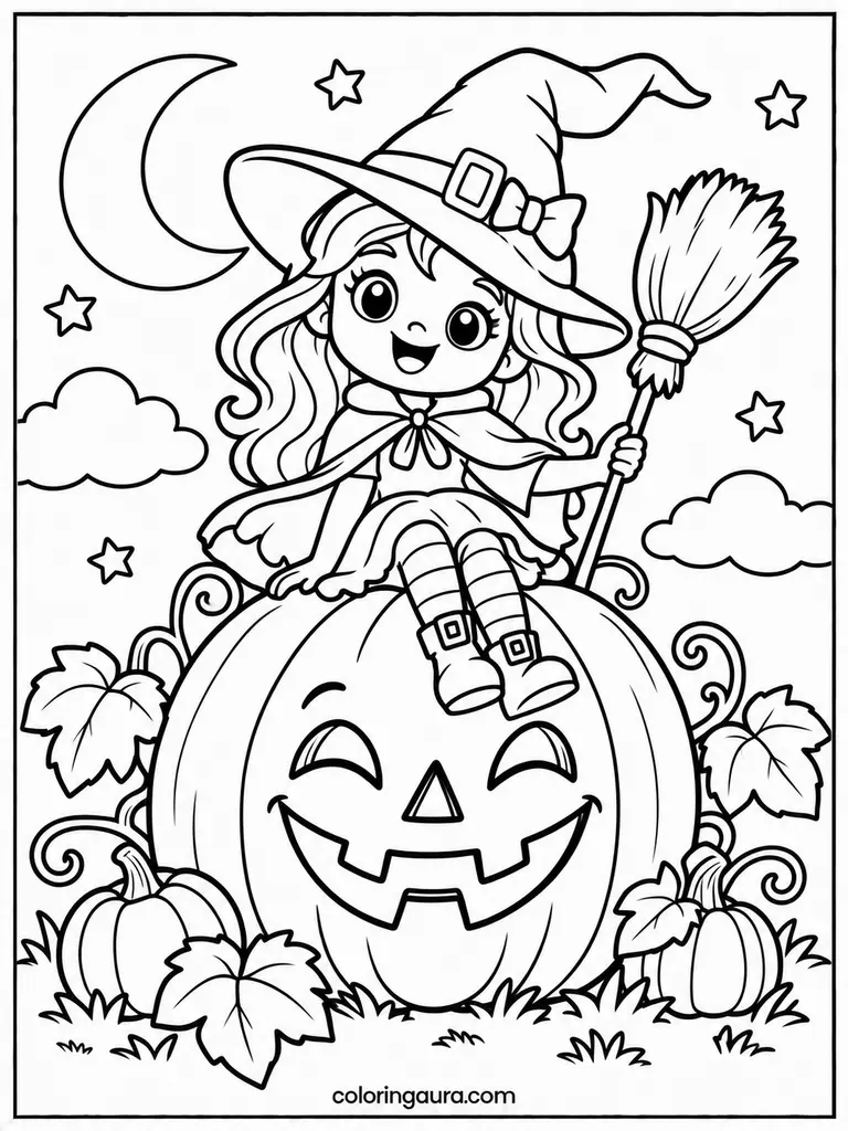 Witch Sitting on Jack-O-Lantern Coloring Page