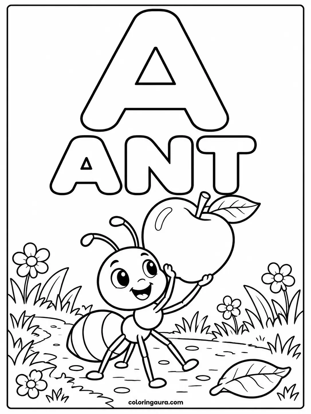 Ant Carrying an Apple Coloring Page
