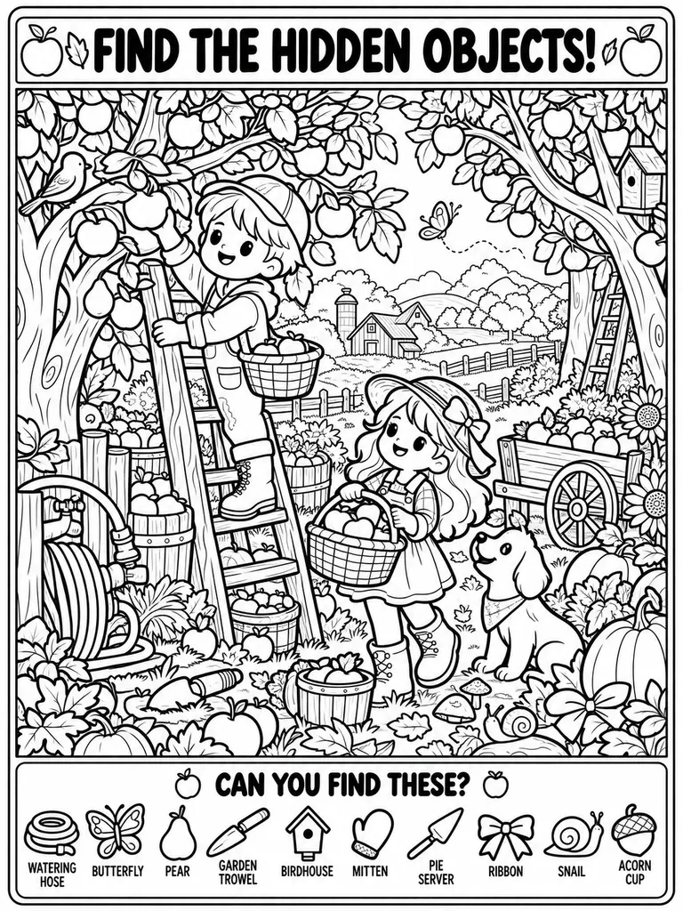Apple Orchard Hidden Objects Coloring Page