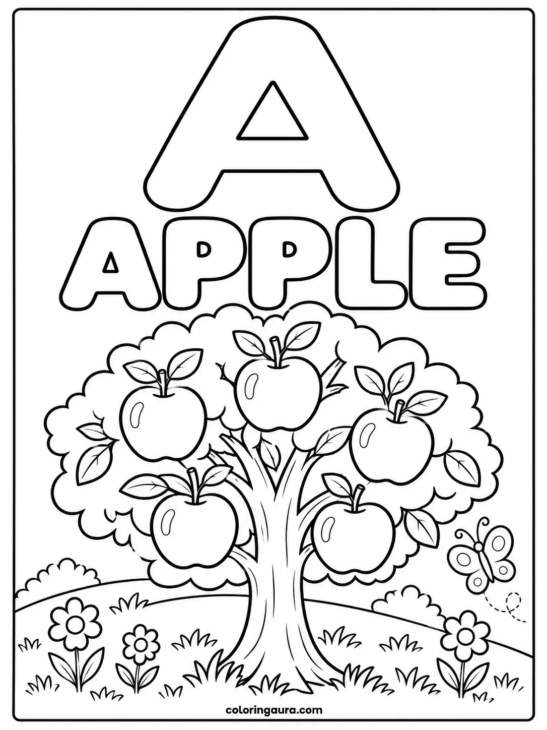 Apple Tree in a Garden Coloring Page