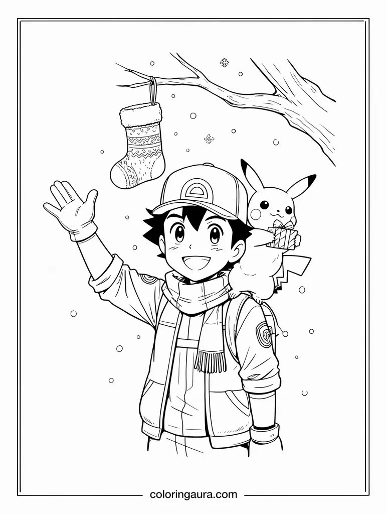 Ash and Pikachu Christmas Coloring Page