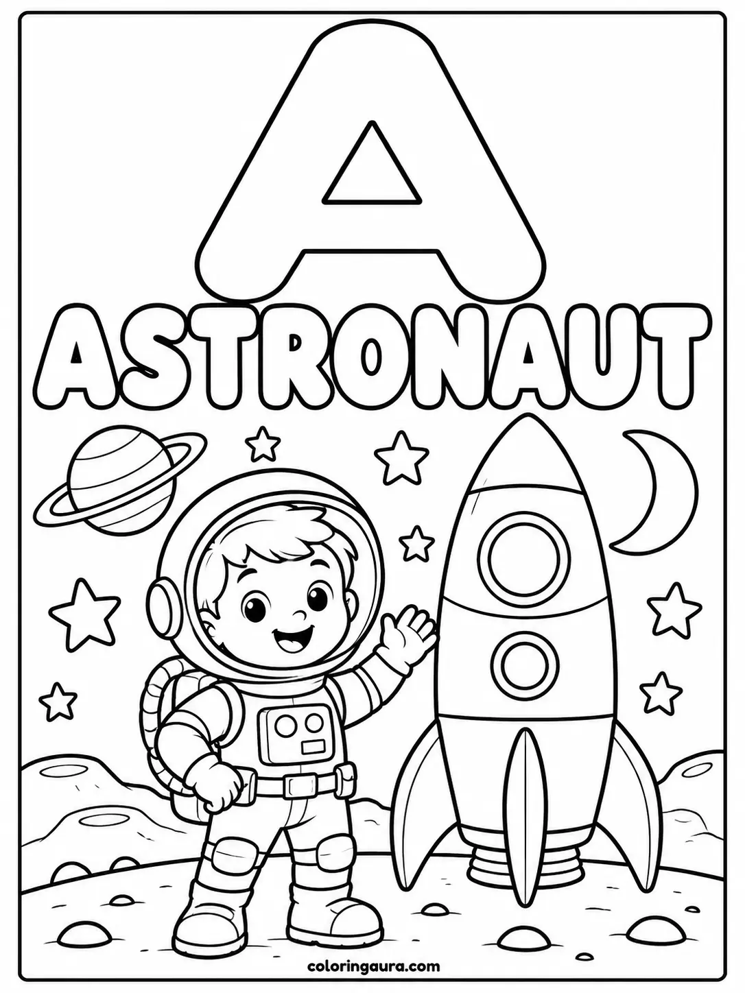Astronaut and Rocket Coloring Page