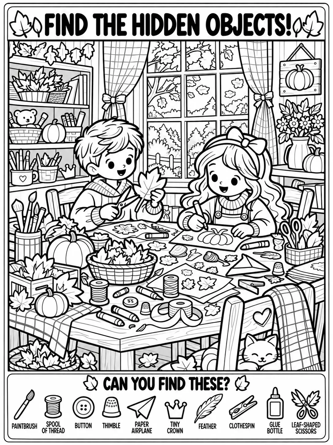 Autumn Craft Room Hidden Objects Coloring Page