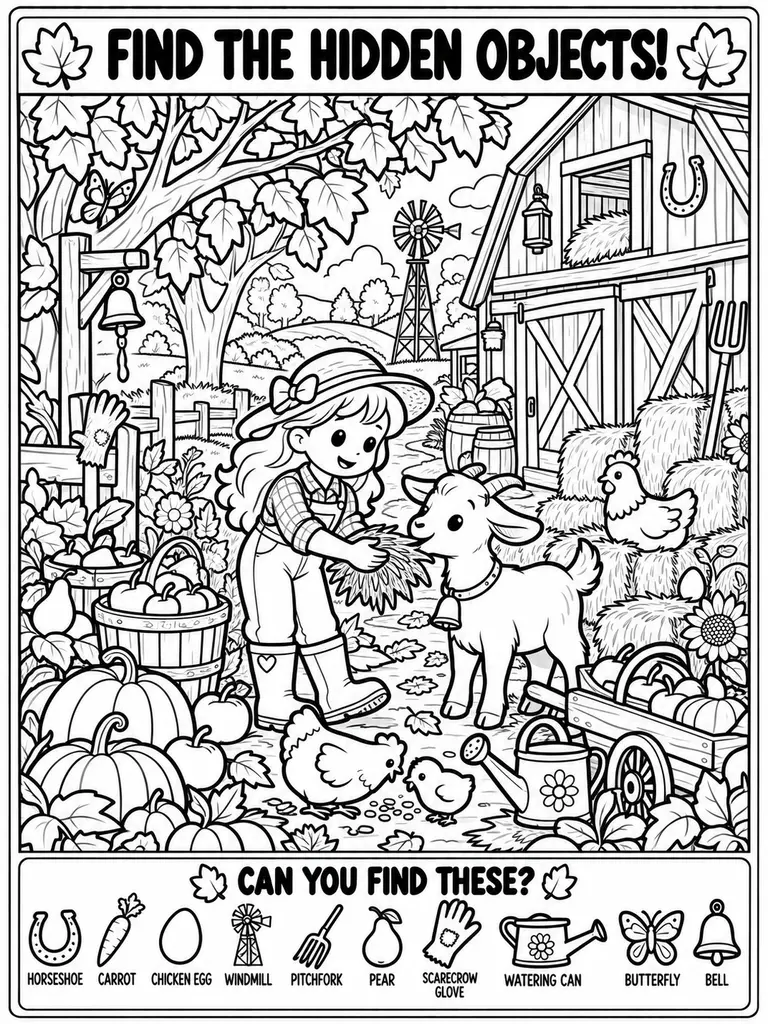 Autumn Farm Seek and Find Coloring Page