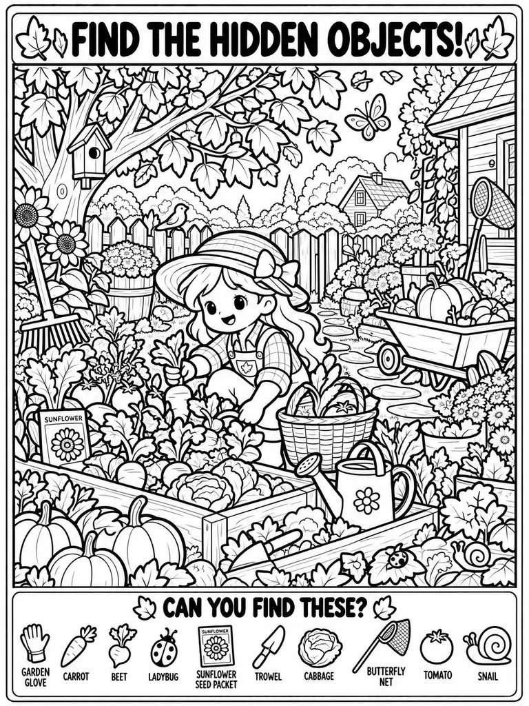 Autumn Garden Seek and Find Coloring Page