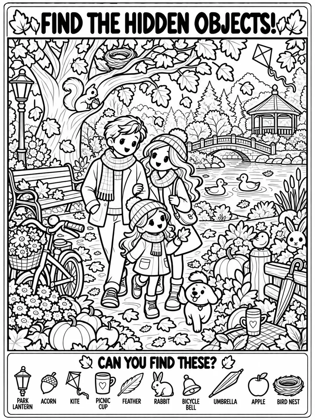 Autumn Park Walk Seek and Find Coloring Page