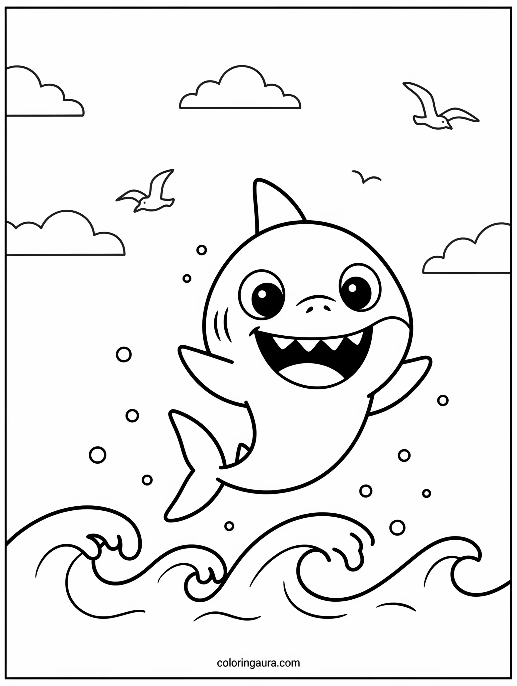 Baby Shark Ocean Waves Coloring Page