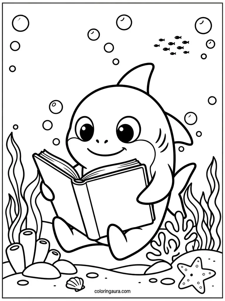 Baby Shark Reading a Book Coloring Page