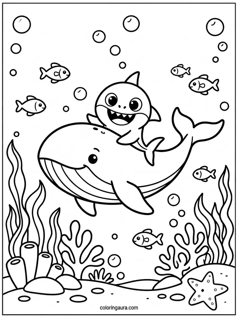 Baby Shark Riding a Whale Coloring Page