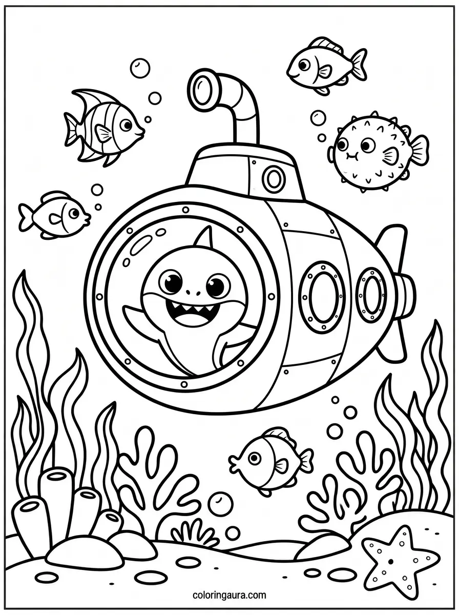 Baby Shark Submarine Coloring Page