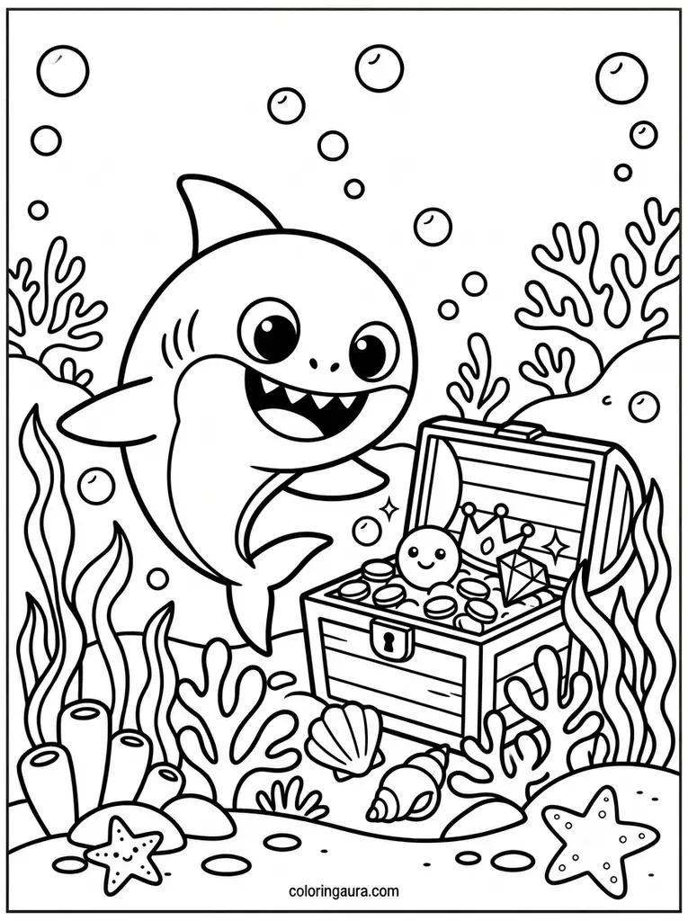 Baby Shark Treasure Chest Coloring Page
