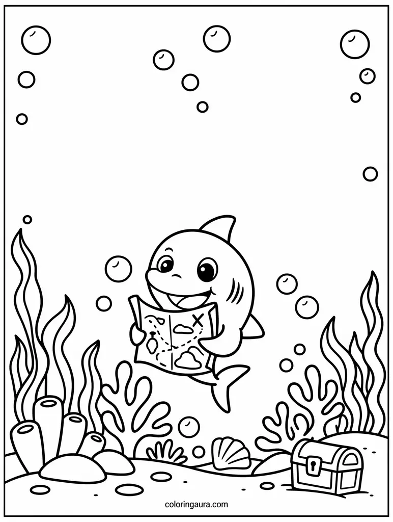 Baby Shark Treasure Map Coloring Page