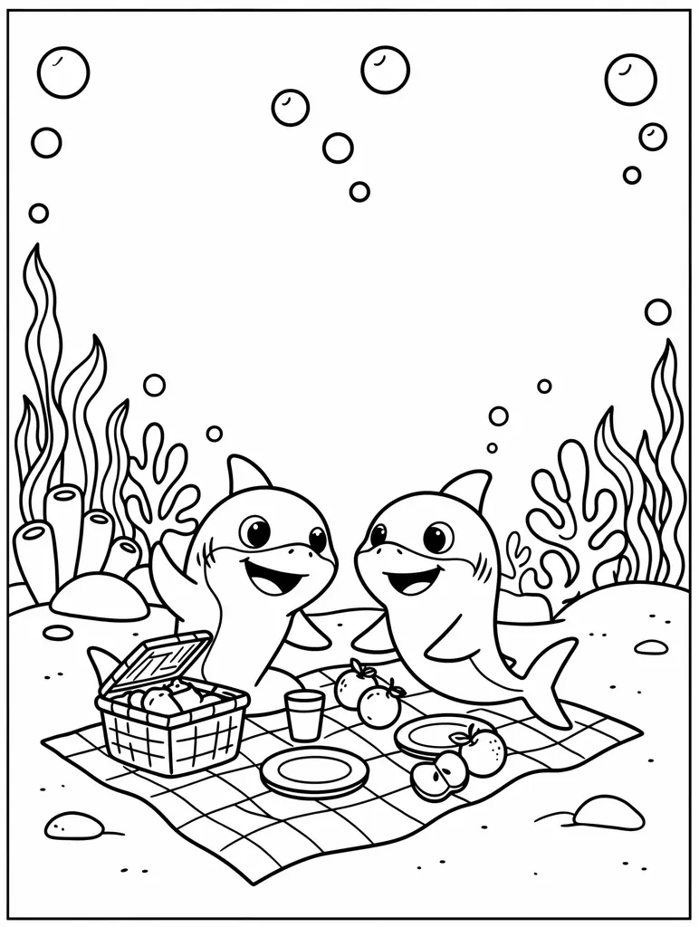 Baby Shark Underwater Picnic Coloring Page