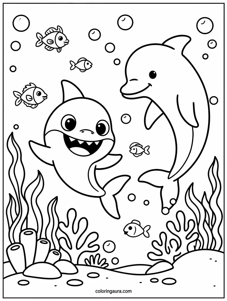 Baby Shark and Dolphin Coloring Page