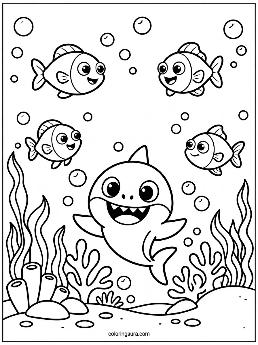 Baby Shark and Fish Friends Coloring Page