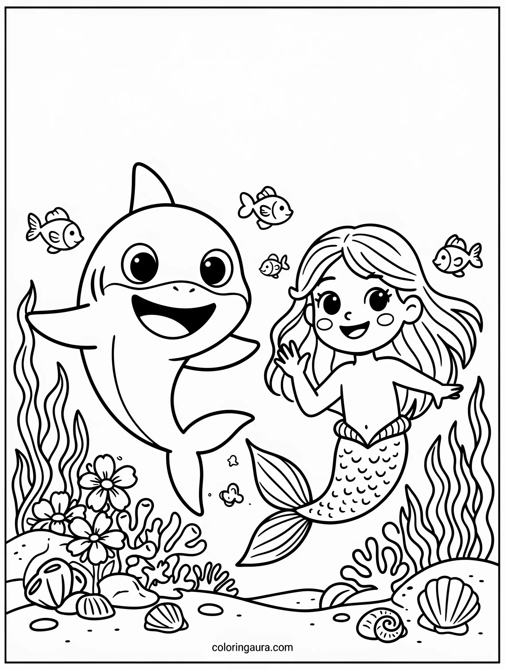 Baby Shark and Mermaid Coloring Page