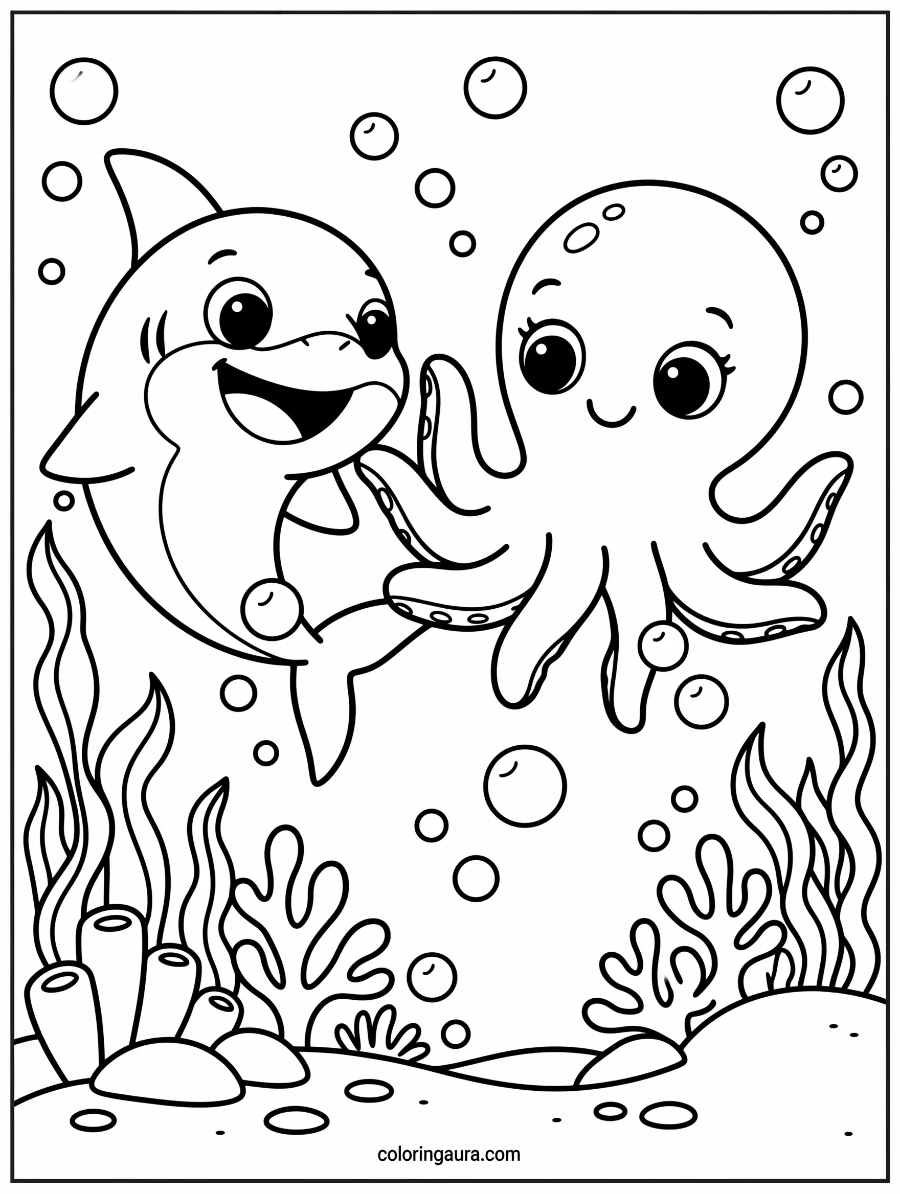 Baby Shark and Octopus Coloring Page